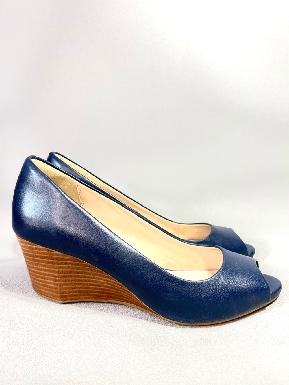 Cole Haan Sadie Navy Peep-Toe Leather Wedge Pumps